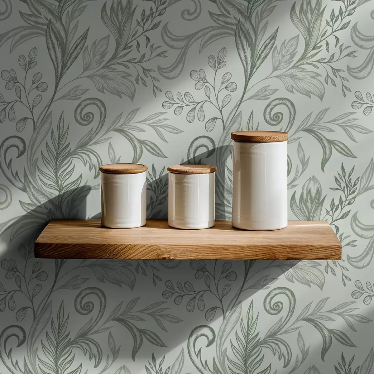 Wallpaper Soft mint curled leaves in delicate grey-green lines a00935v3