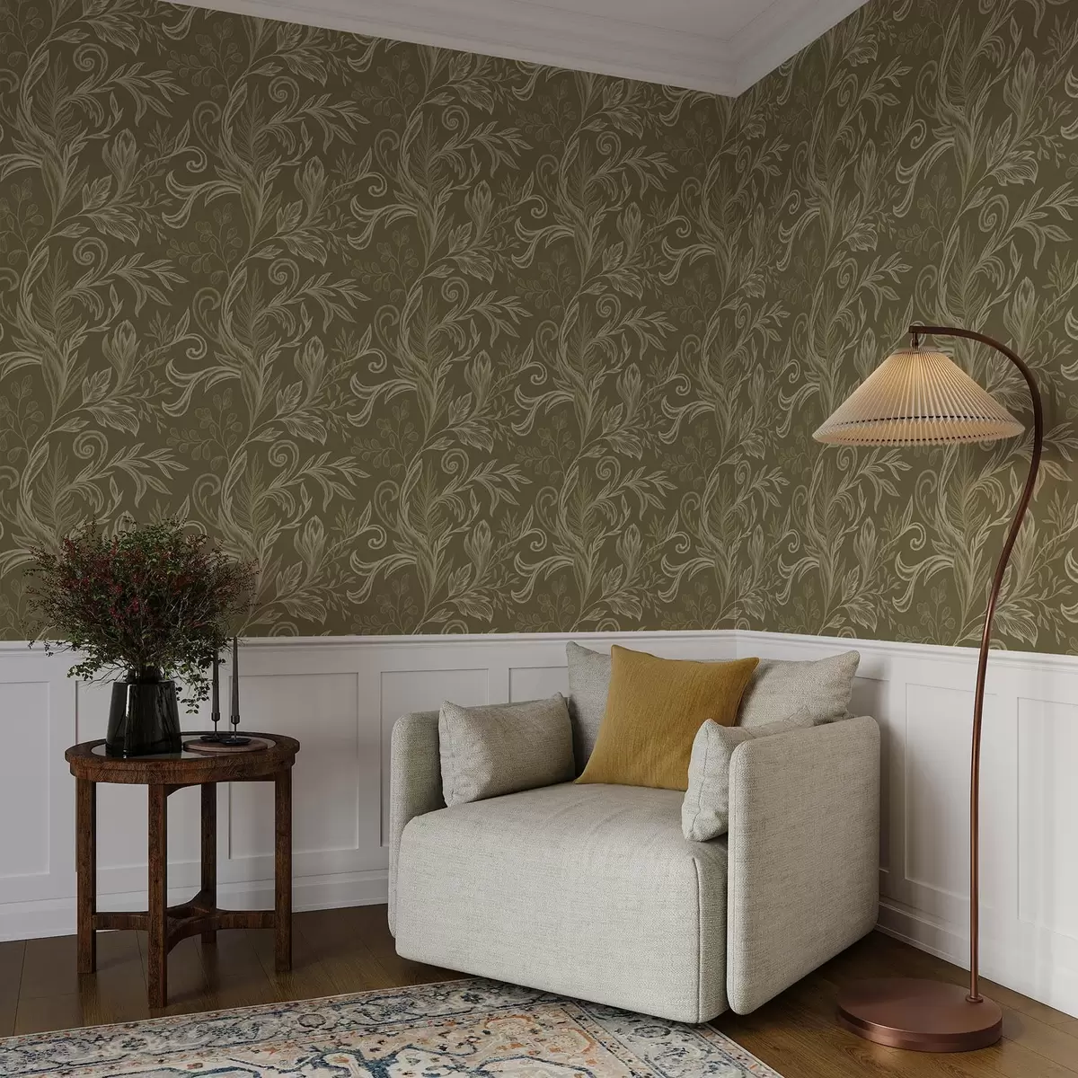 Wallpaper Warm khaki curled leaves with light cream accents a00935v4