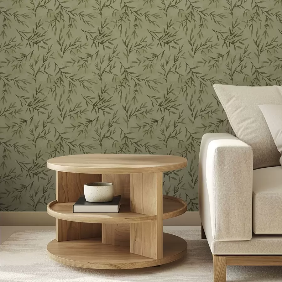 wall murals Olive sprigs on a muted yellow-green textured ground a00936