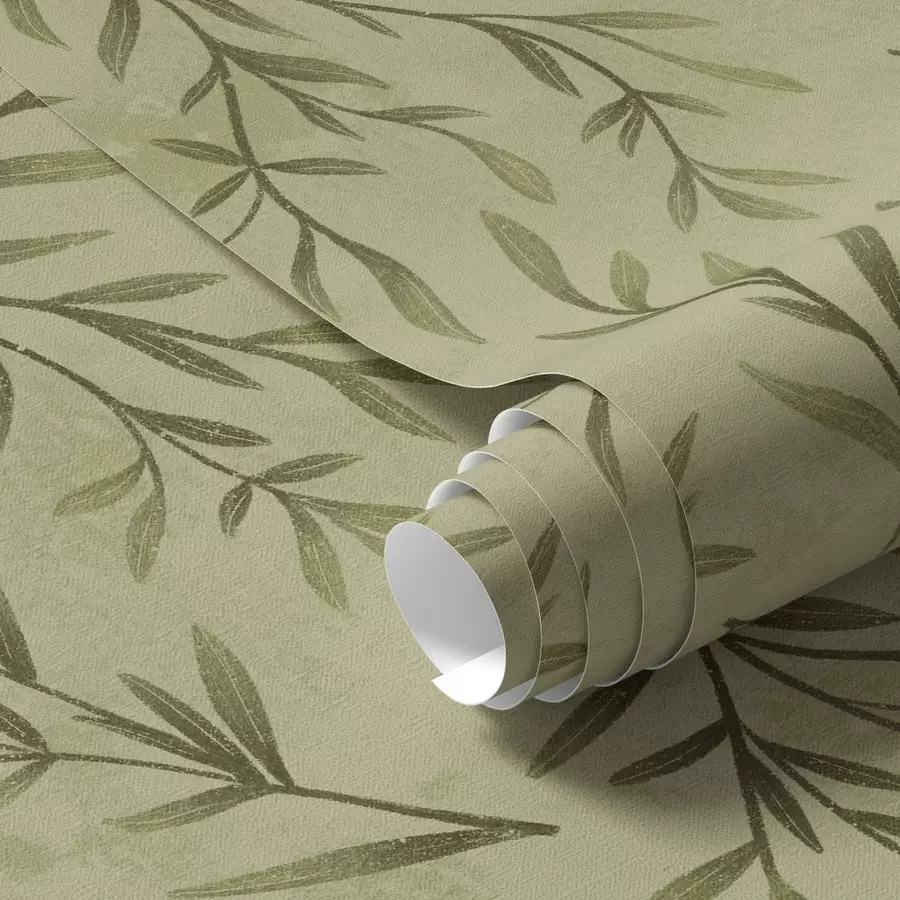 wall murals Olive sprigs on a muted yellow-green textured ground a00936
