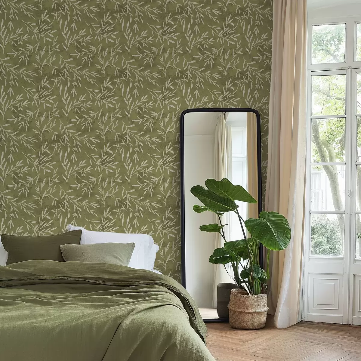 Wallpaper Cream-white sprigs on a warm olive textured background a00936v1