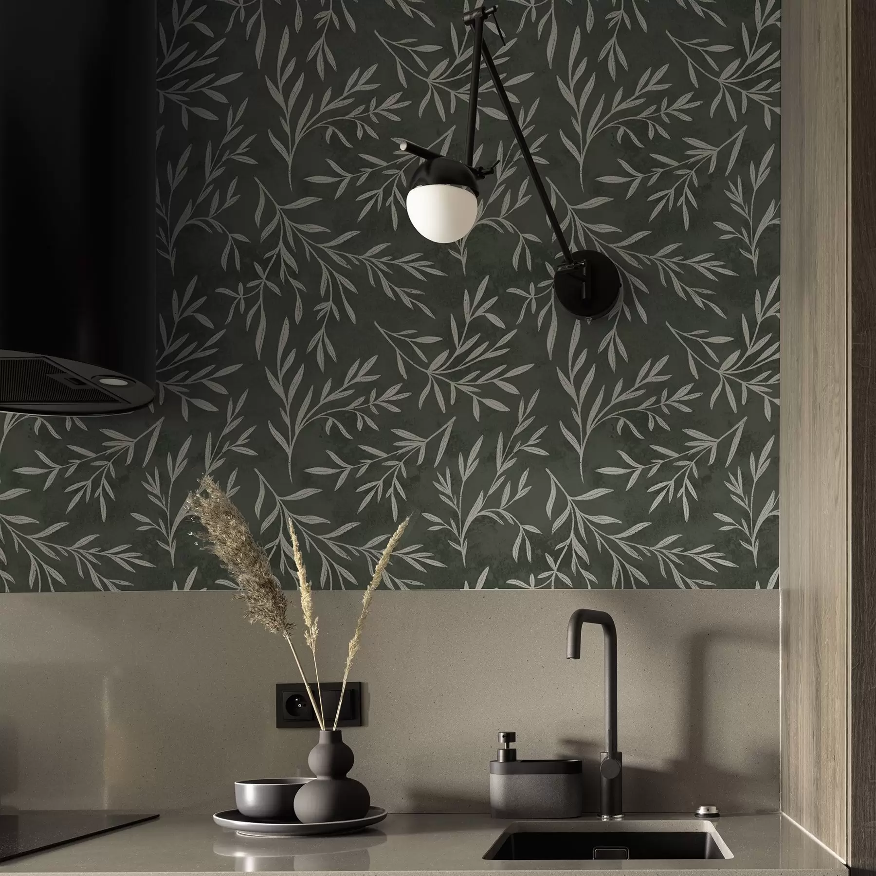 wall murals Sketched white branches on a deep sage green background a00936v2