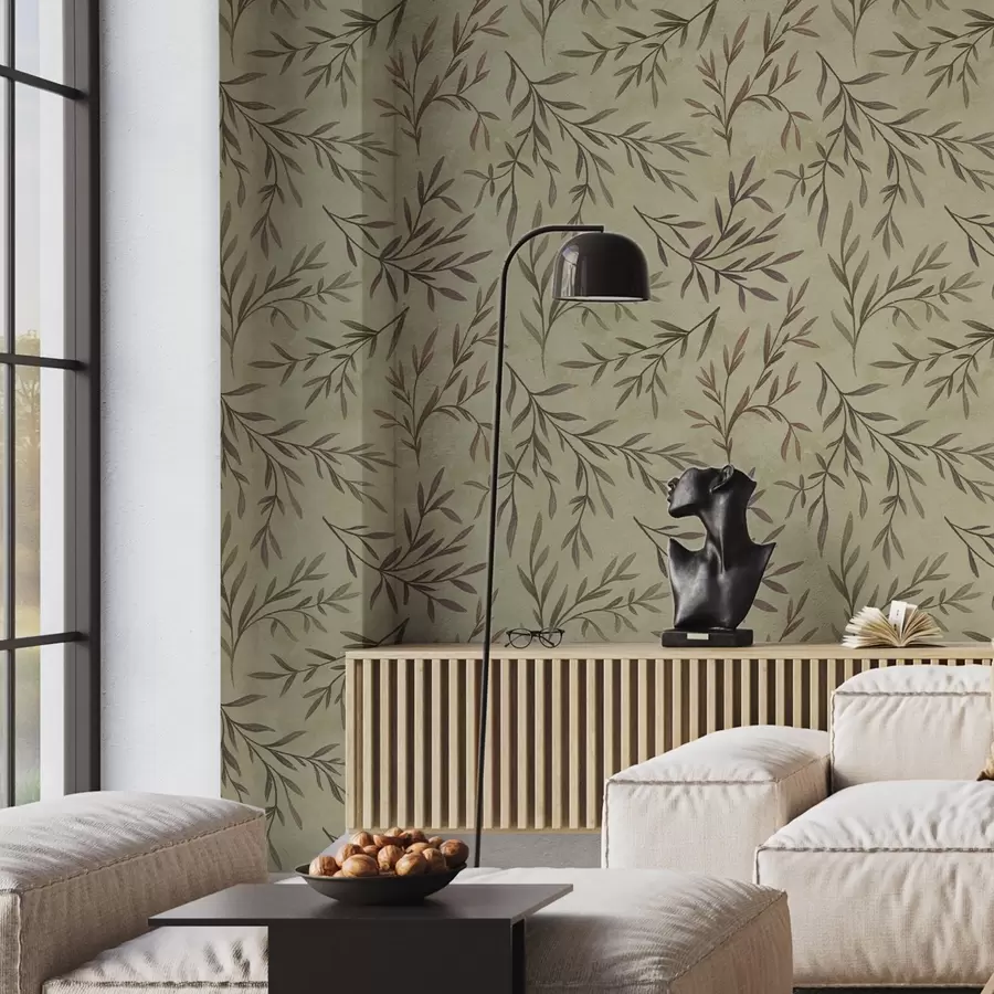 wall murals Lilac and green branches with leaves on a warm background a00936v4