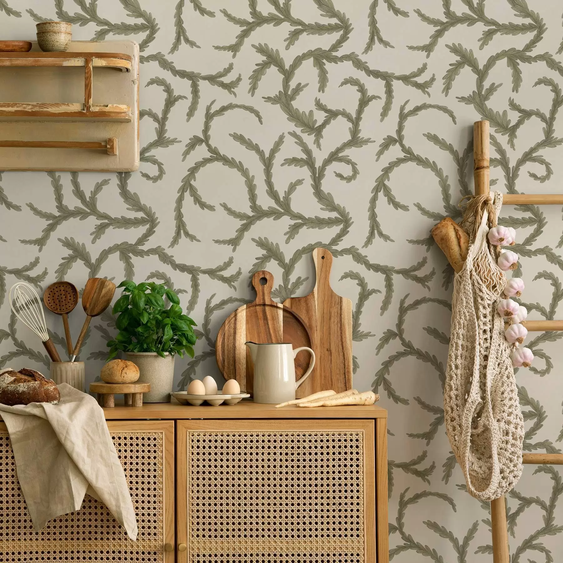 wall murals Soft green conifer curls on a light background a00938