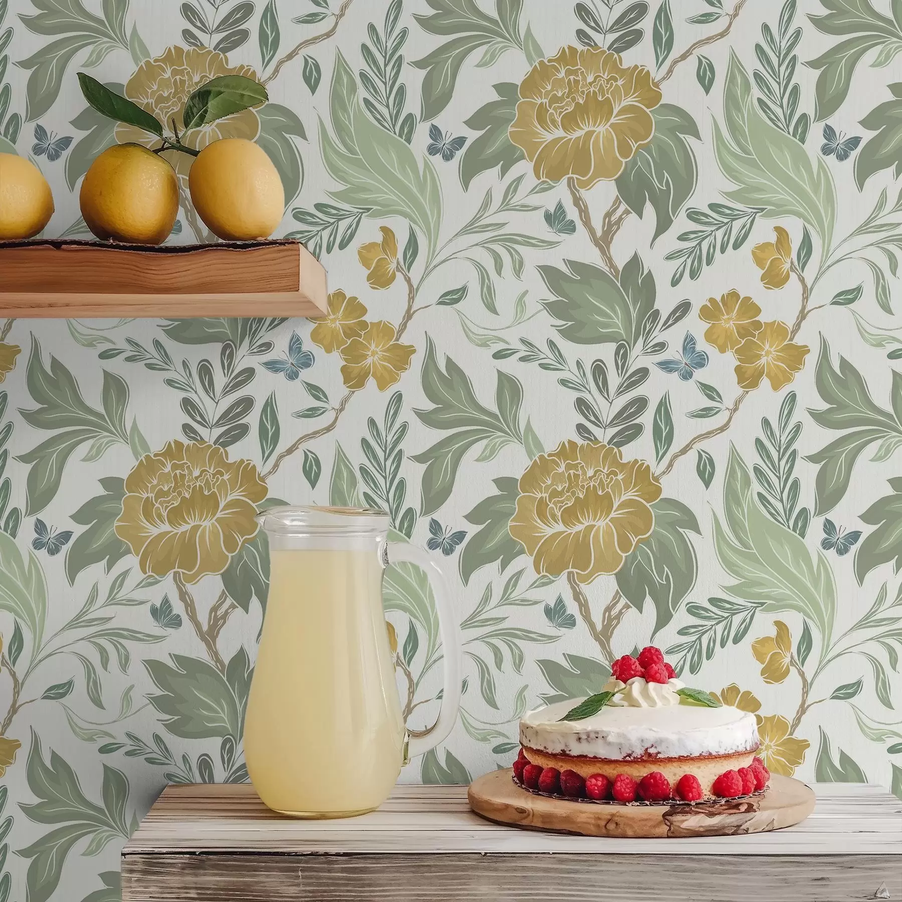 wall murals Large yellow peonies and greenery on a light background a00941