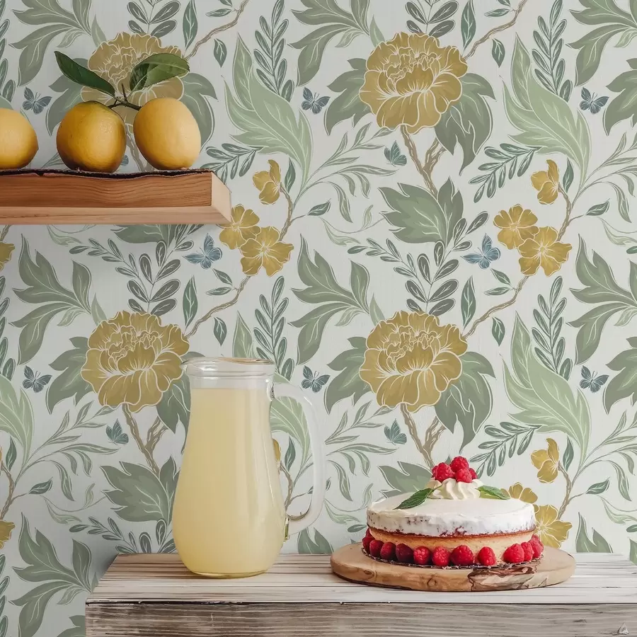 wall murals Large yellow peonies and greenery on a light background a00941