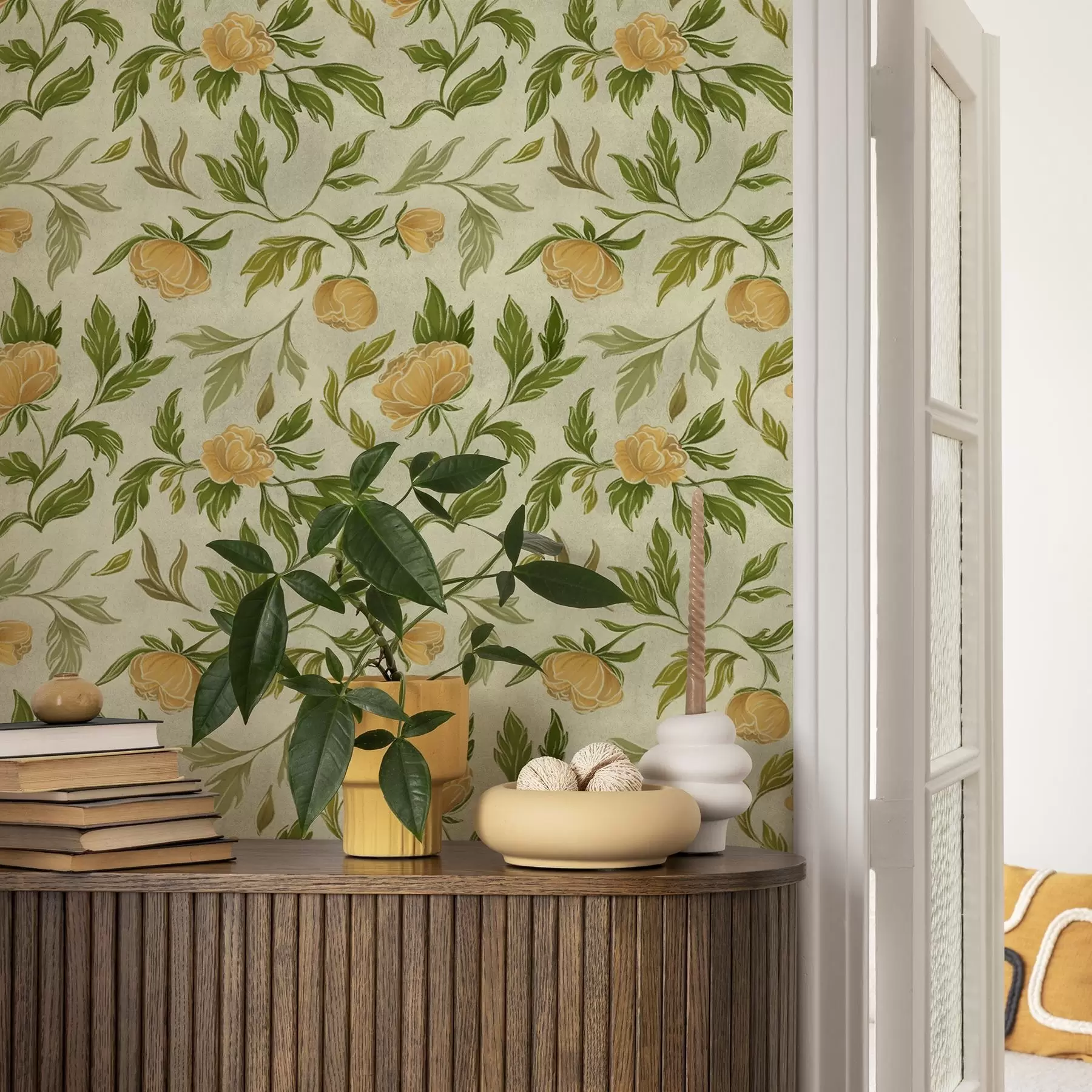 wall murals Yellow peonies and foliage on a soft light green background a00942