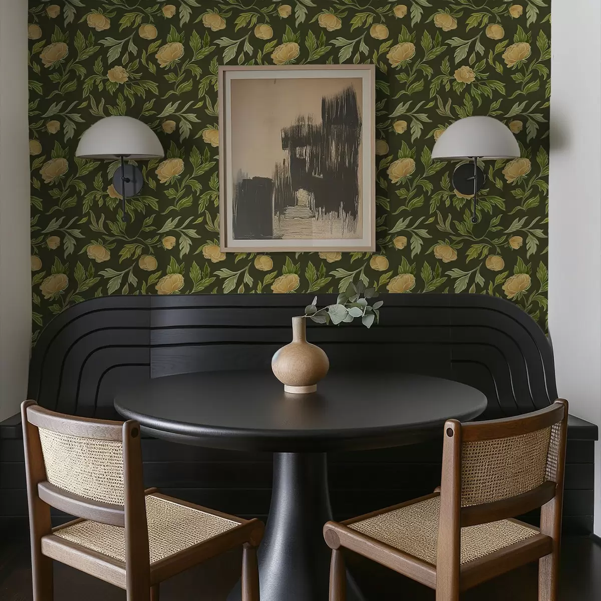 Wallpaper Yellow peonies on a rich dark green background a00942v1