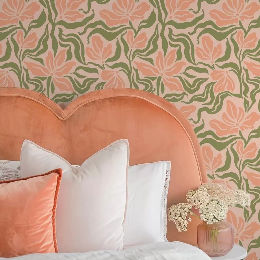 wall murals Peach flowers and olive leaves on a soft background a00958v1