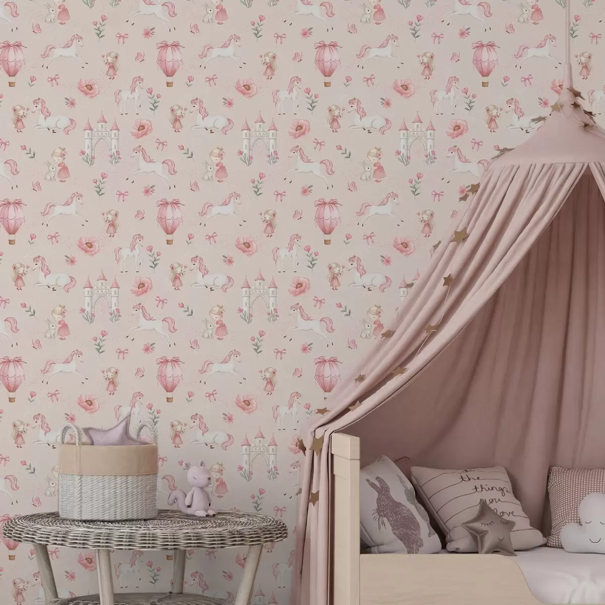 Wallpaper Pink unicorns, little girls and a castle on a soft background a00957