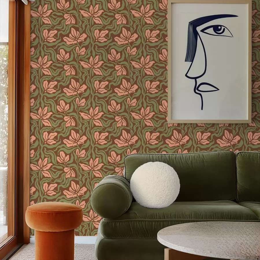 wall murals Peach flowers and greenery on a deep brown background a00958v2