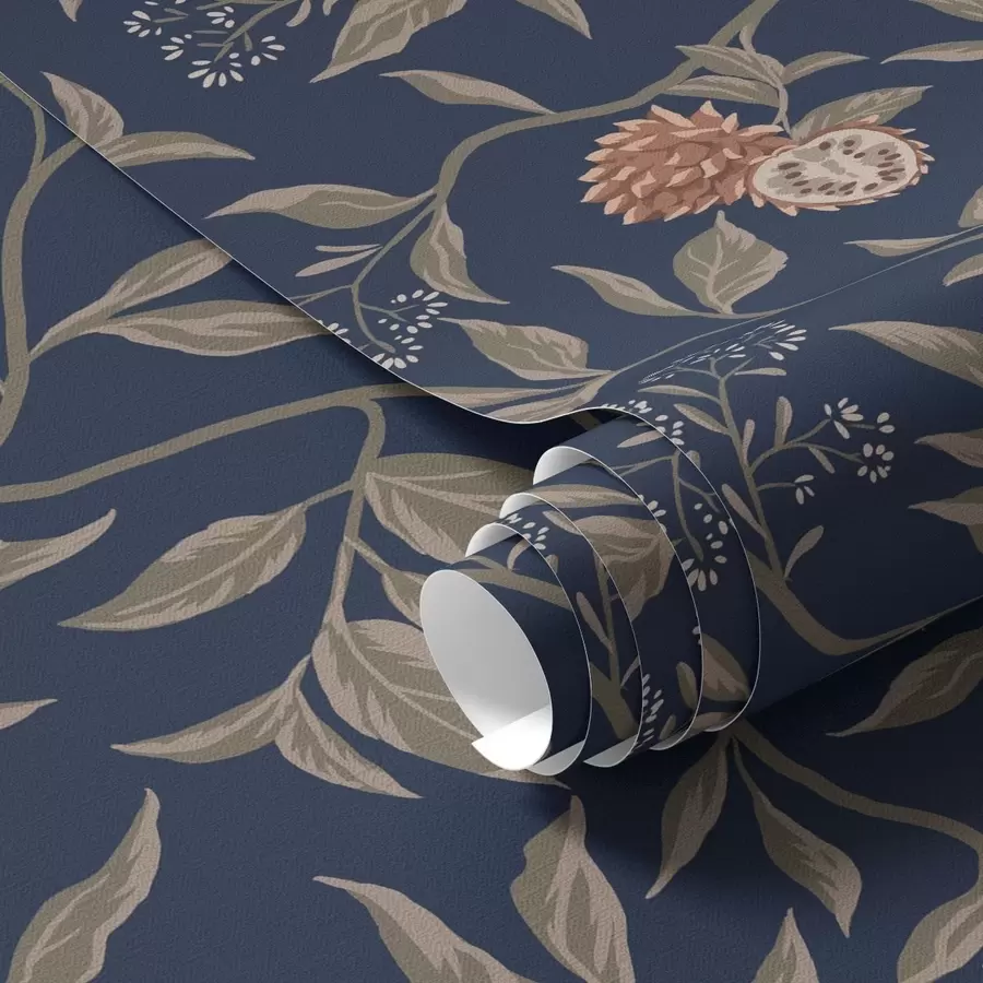 wall murals Blue garden with branches, fruits and tiny blossoms a00959