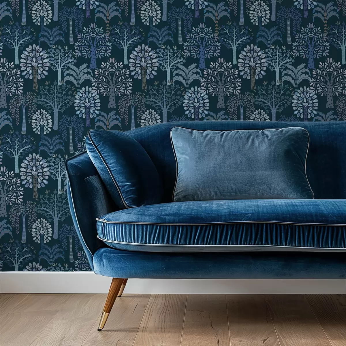 Wallpaper Night forest with decorative trees in blue hues a00960v2