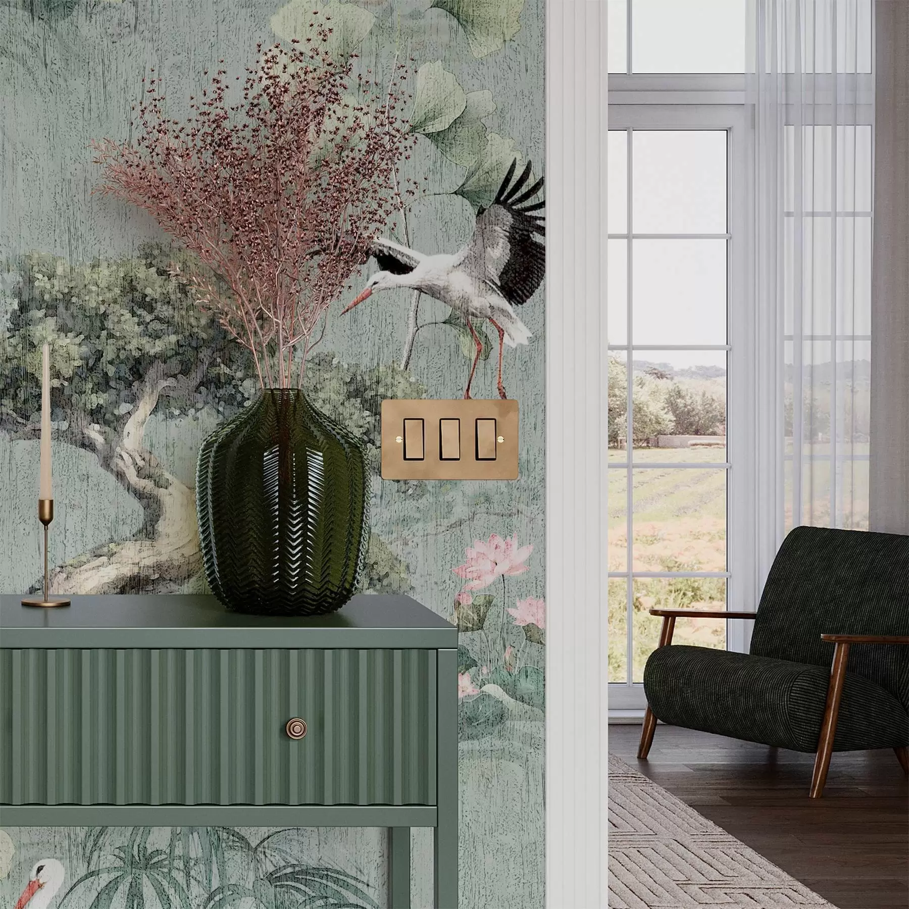 wall murals Cranes among pines and lotuses on a calm green background a00962