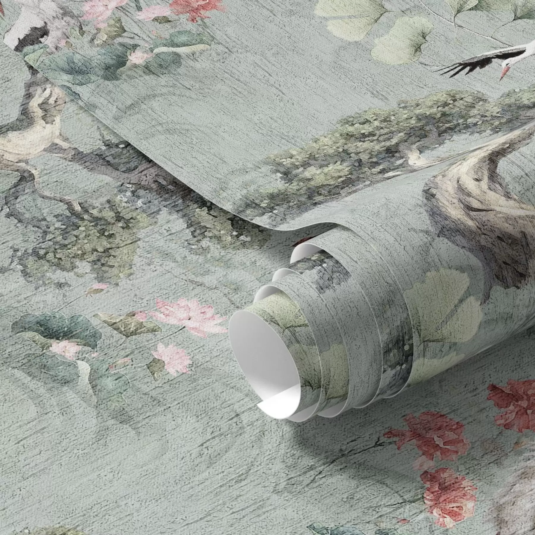 wall murals Cranes among pines and lotuses on a calm green background a00962