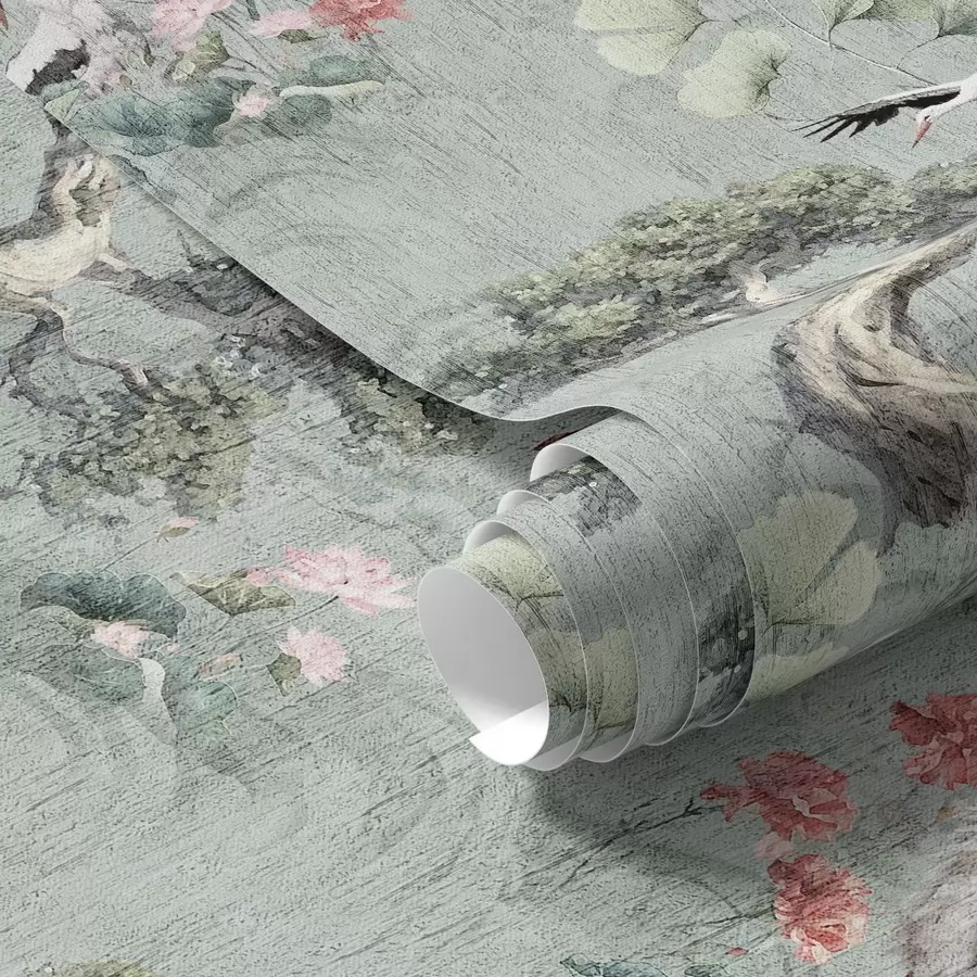 wall murals Cranes among pines and lotuses on a calm green background a00962