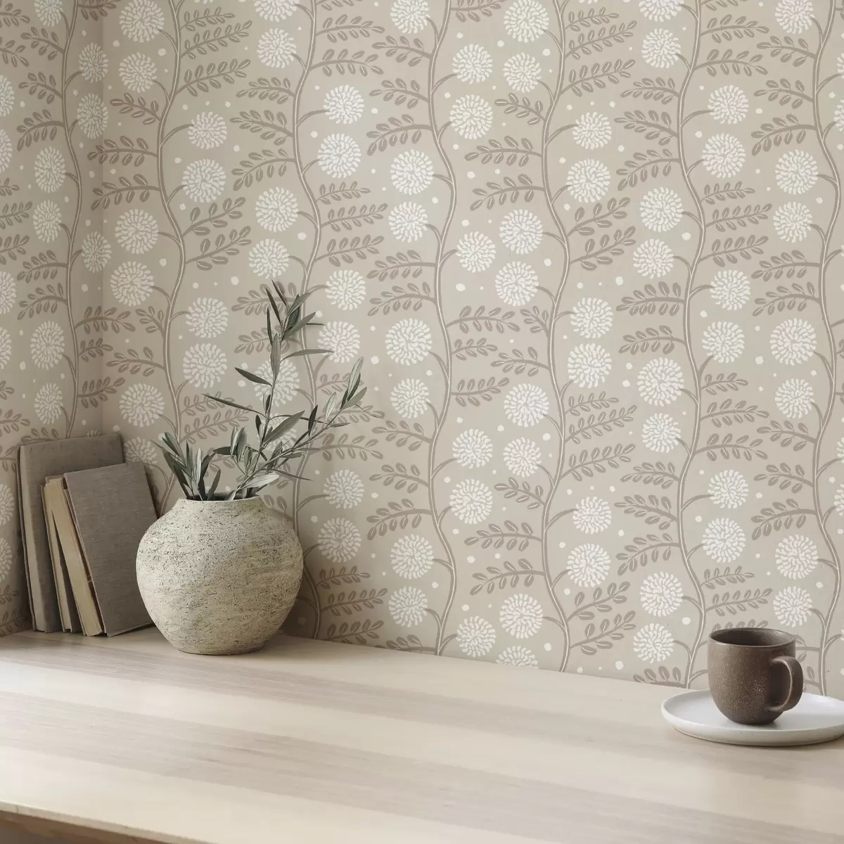 Wallpaper Beige stems with white fluffy flowers and soft dots a00997