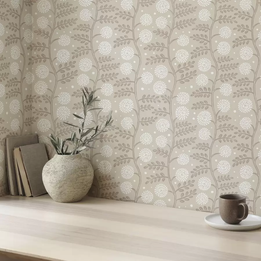 wall murals Beige stems with white fluffy flowers and soft dots a00997