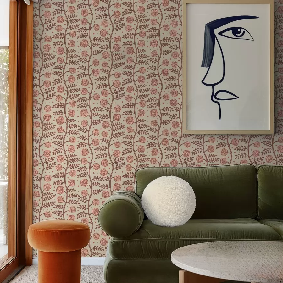 wall murals Terracotta stems with coral fluffy flowers on a cream background a00997v1