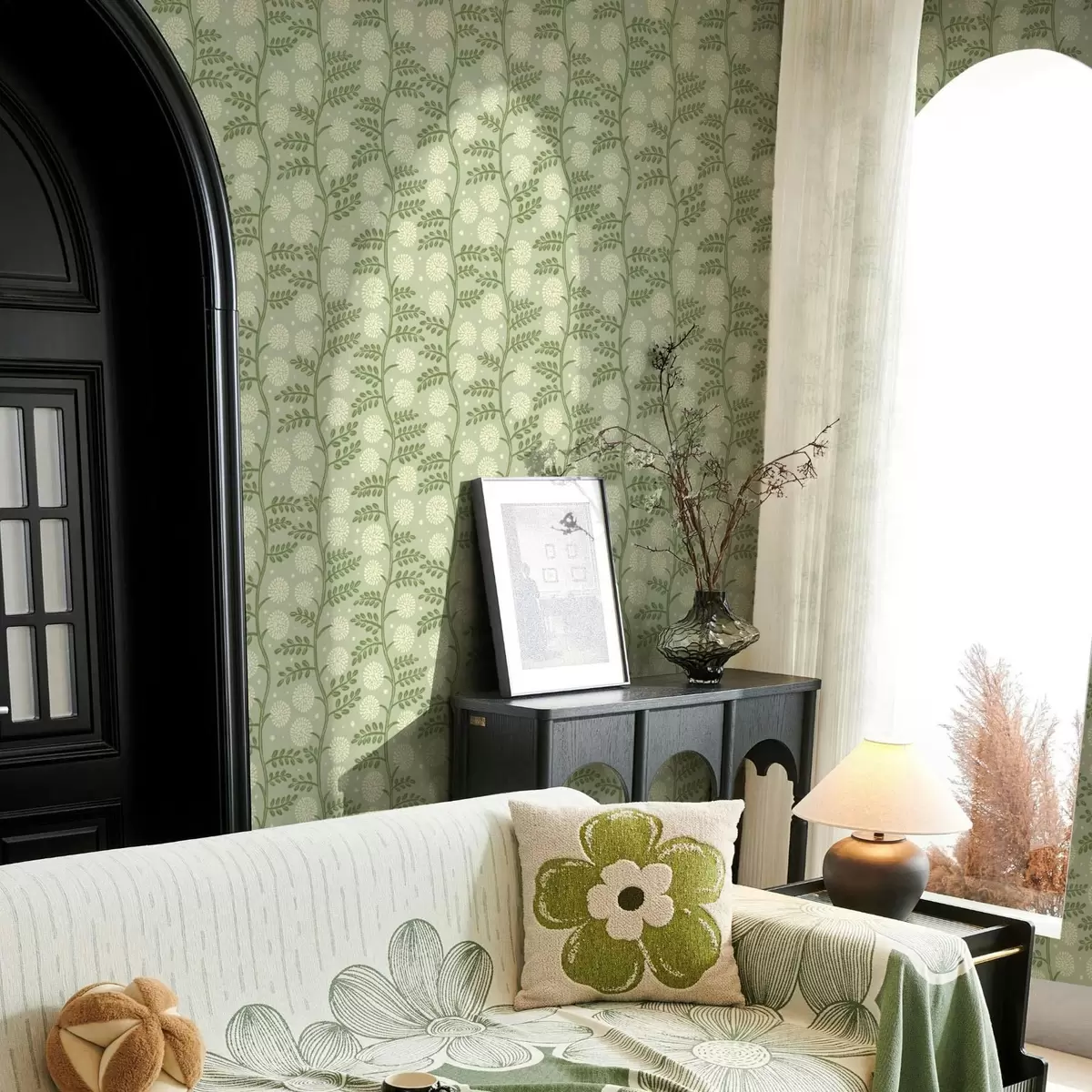 Wallpaper Sage-green stems with ivory fluffy flowers and dots a00997v2