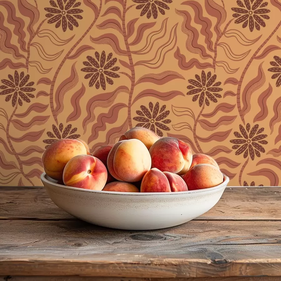 wall murals Warm wavy flowers and leaves in mustard-terracotta hues a00998v2