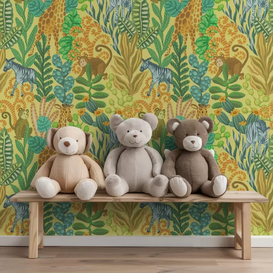 wall murals Giraffe, zebra and monkey in a bright yellow savanna a01000v1