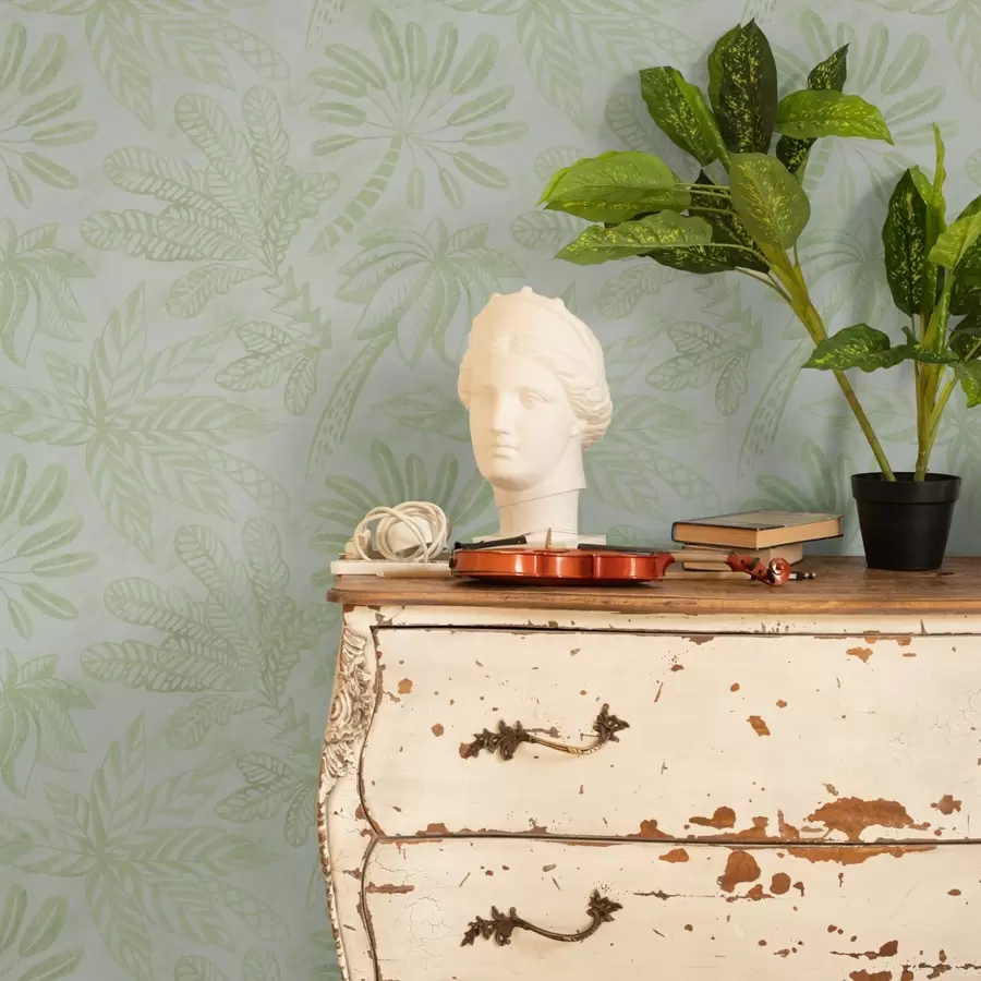 wall murals Sketched tropical leaves in fresh light green tones a01001v1