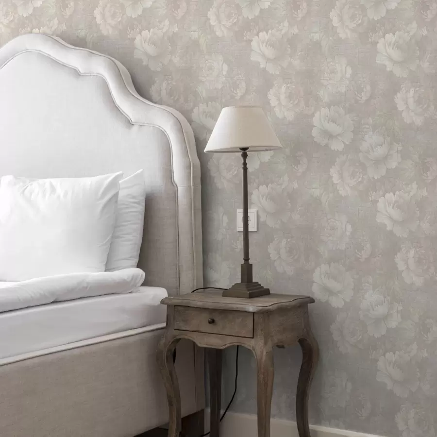 wall murals Faded peonies on linen texture in a soft beige palette a01018