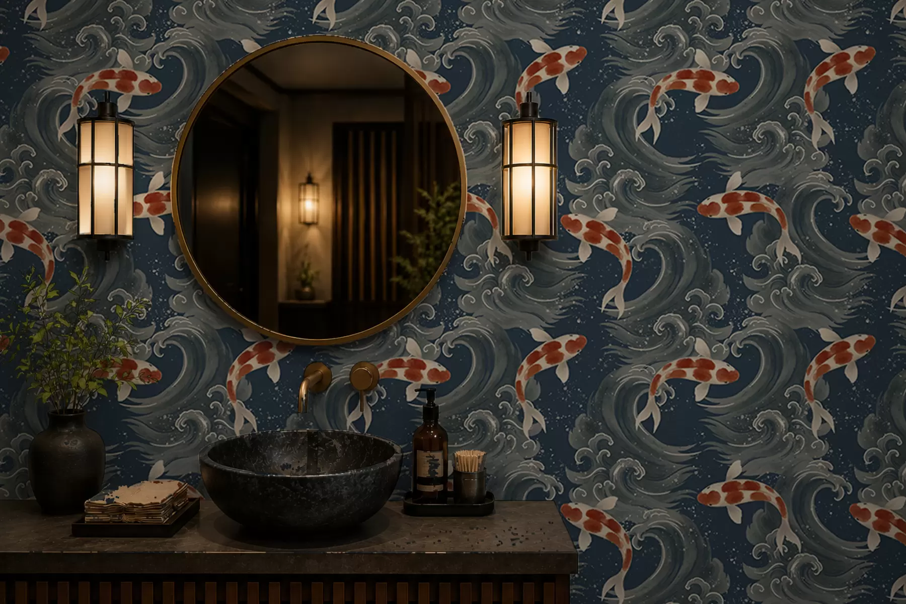 wall murals Koi fish swimming among dramatic ocean waves a01019