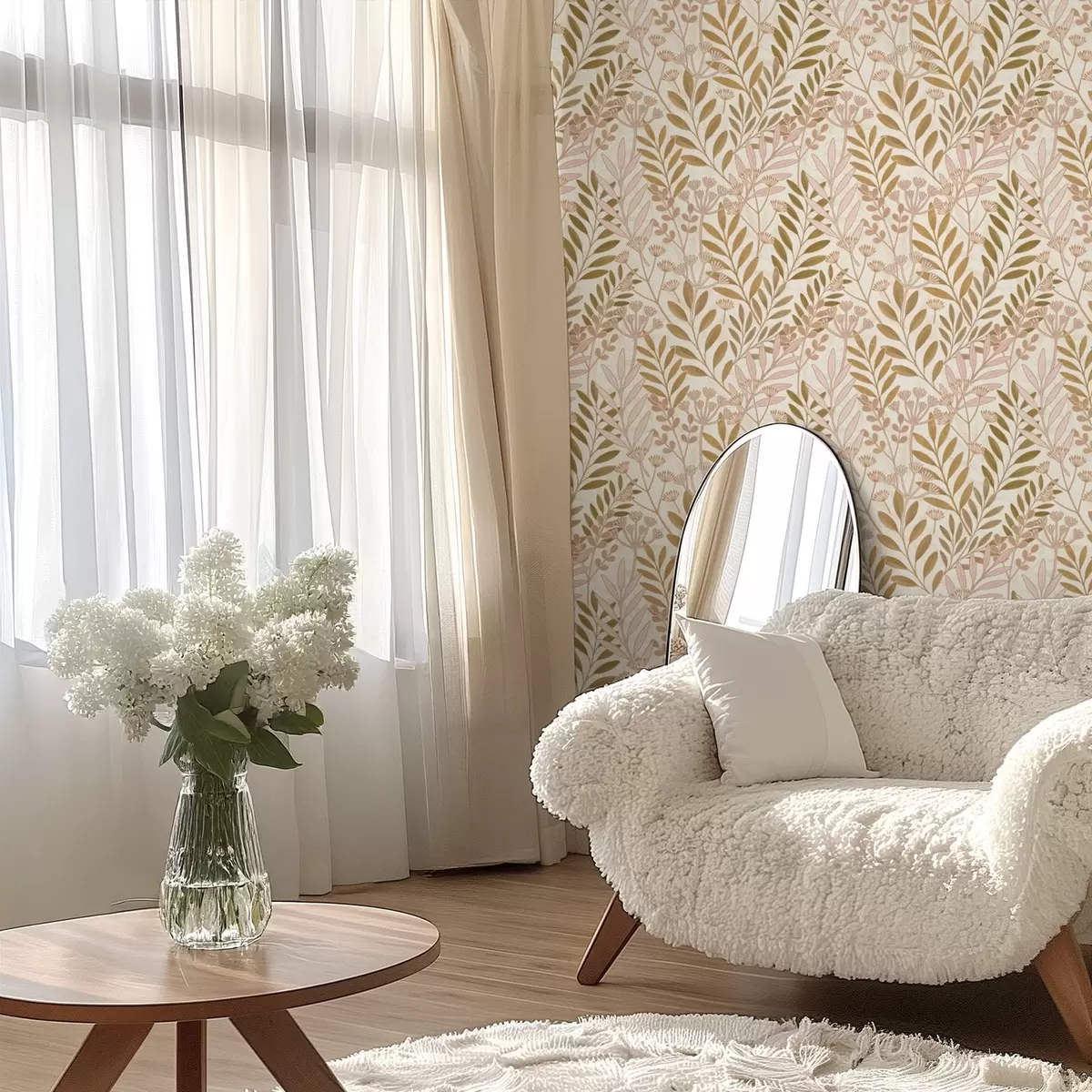 Wallpaper Light botanical pattern with delicate pink and oat-toned leaves a01020v1