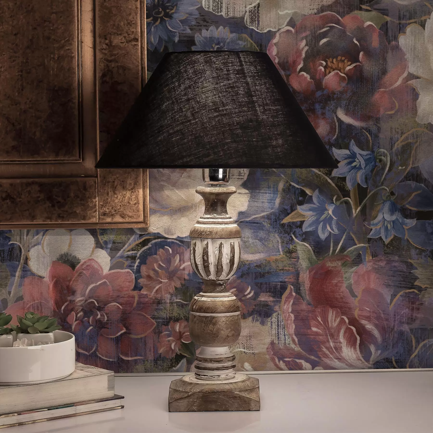 wall murals Painterly bouquet of large flowers on deep indigo background a01021