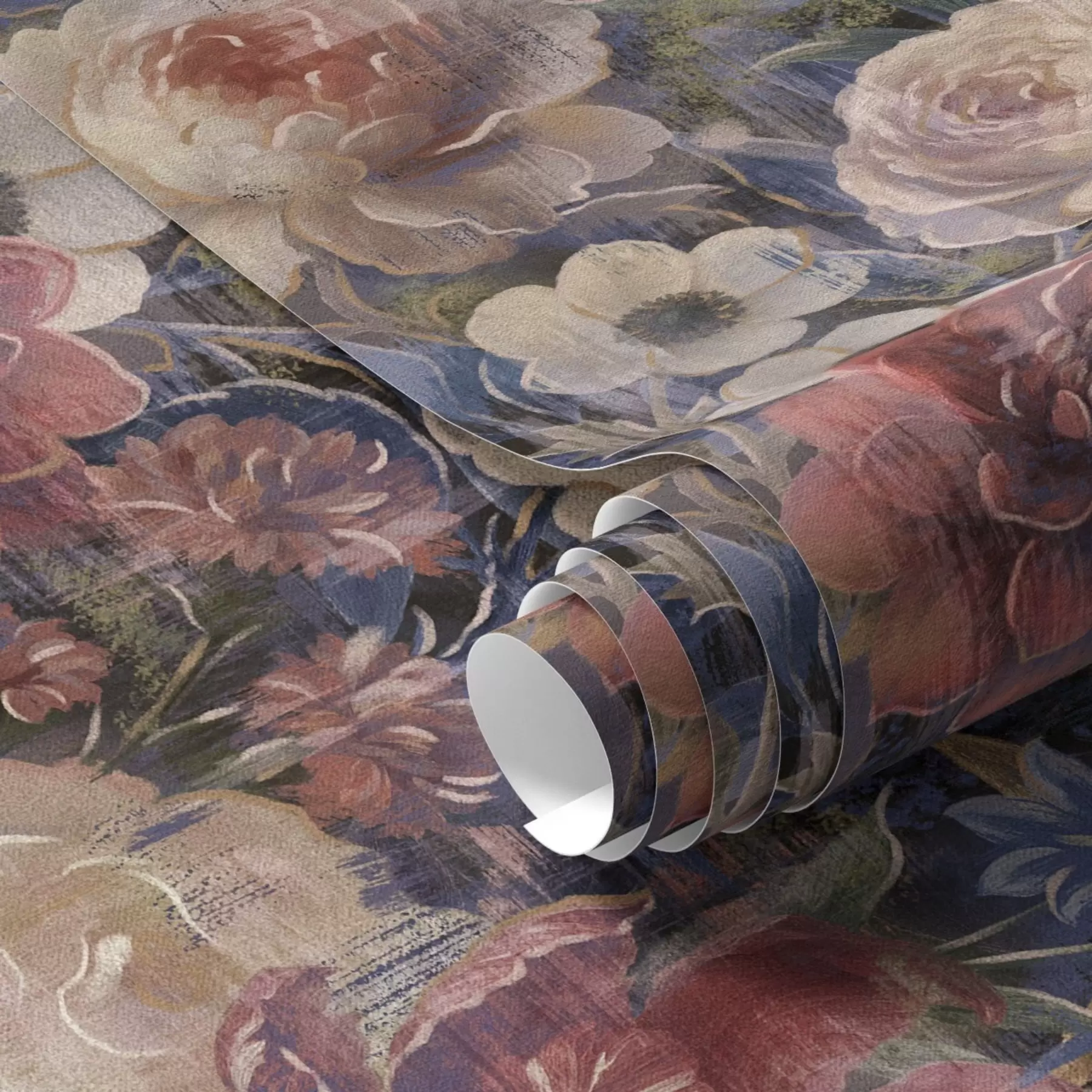 wall murals Painterly bouquet of large flowers on deep indigo background a01021