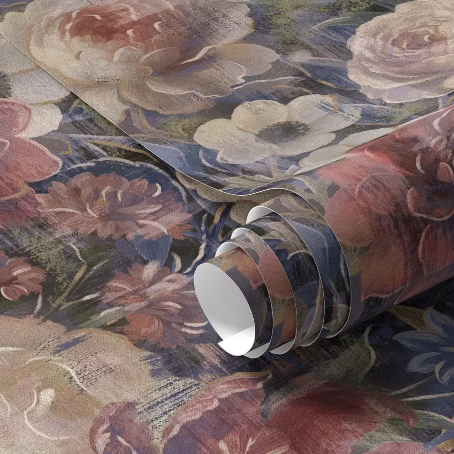 wall murals Painterly bouquet of large flowers on deep indigo background a01021