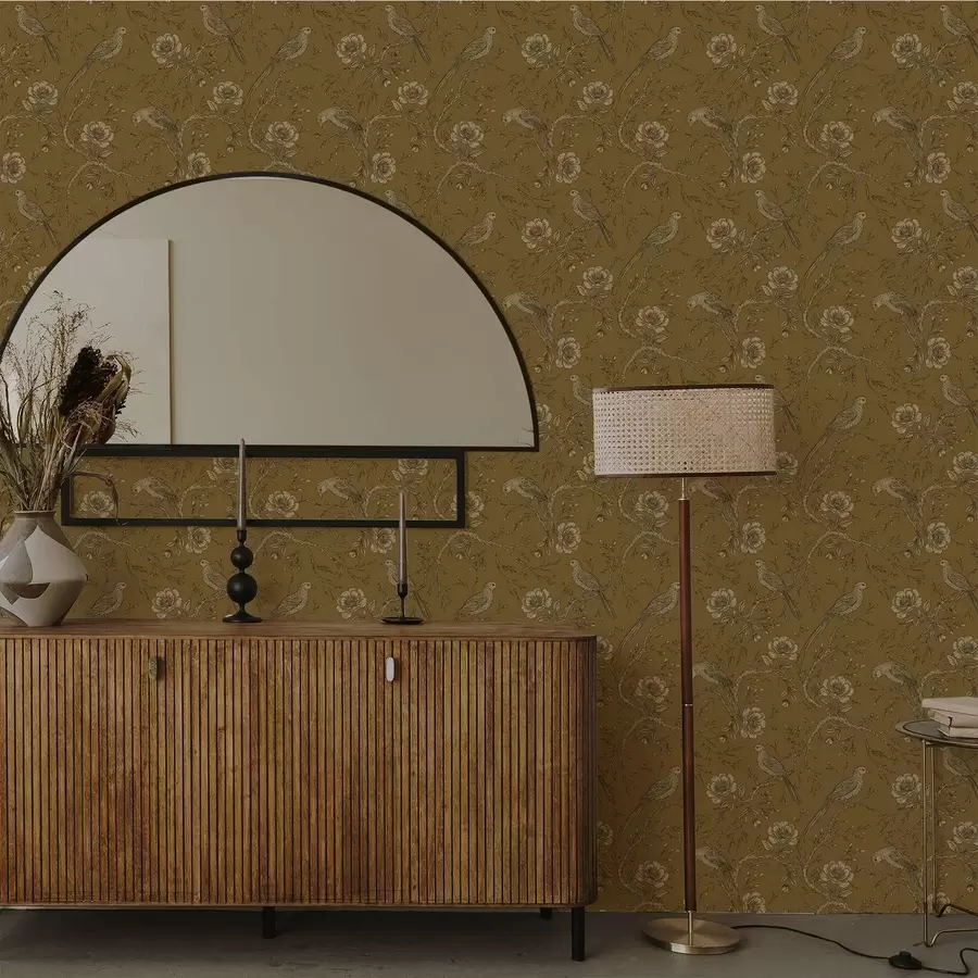 wall murals Vintage birds and flowers on a warm olive background a01022v1