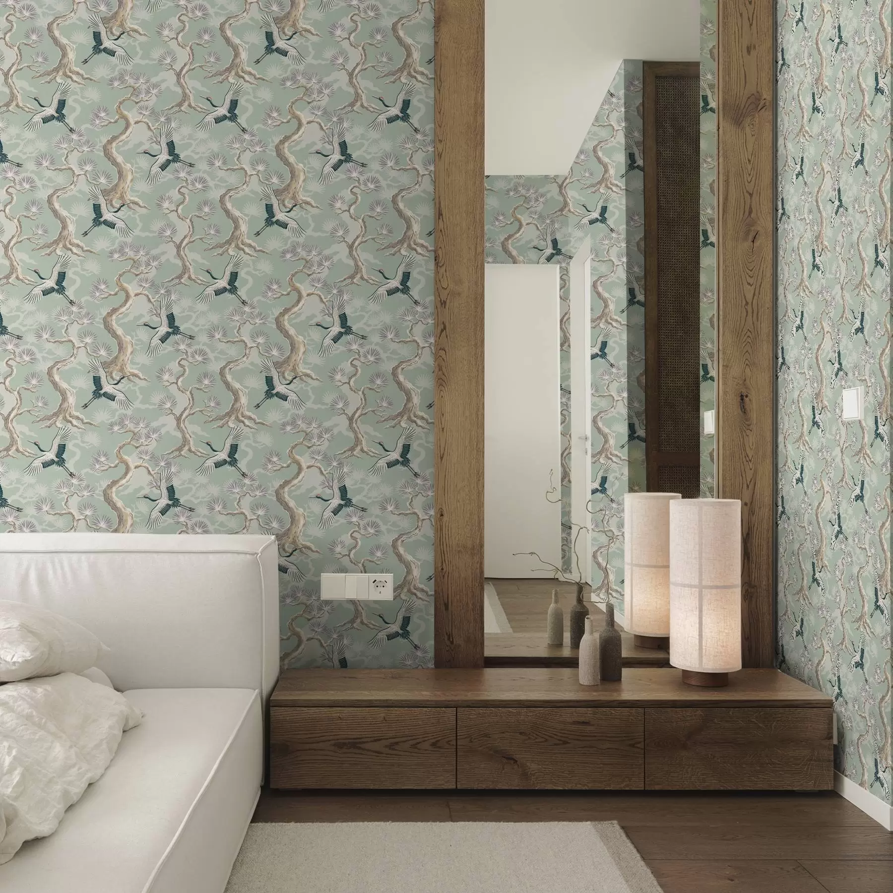 wall murals Cranes among curved branches on a soft sage-coloured background a01023