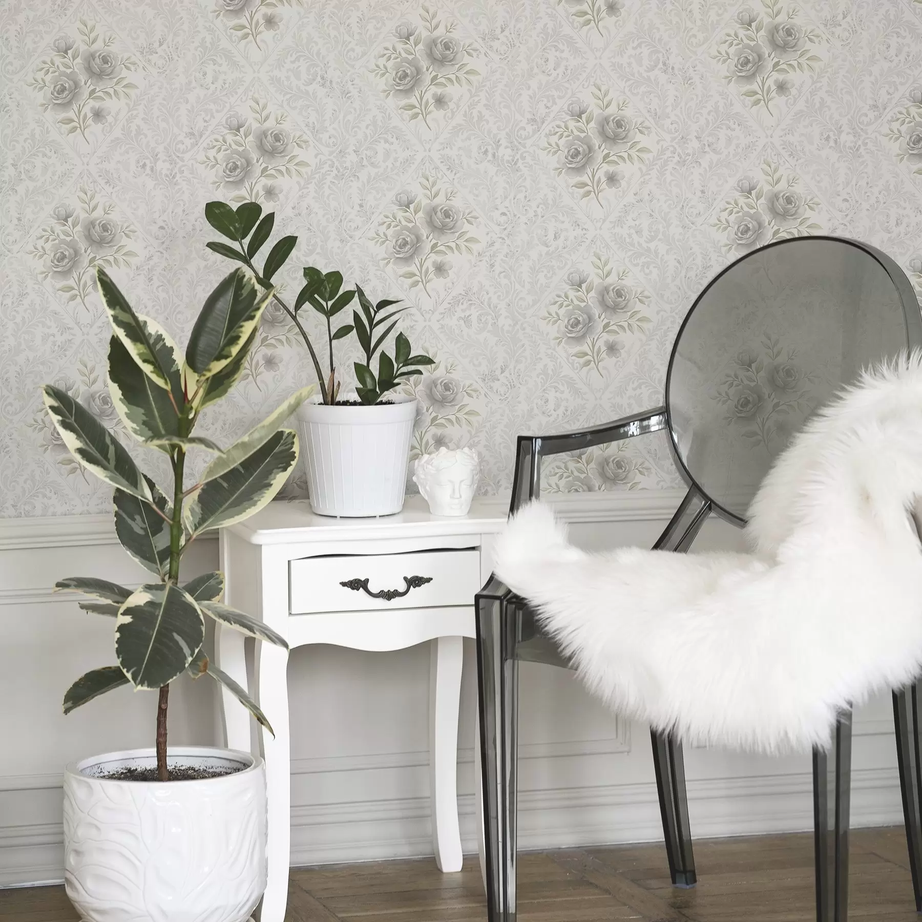 wall murals Light damask pattern with grey roses in soft diamonds a01024