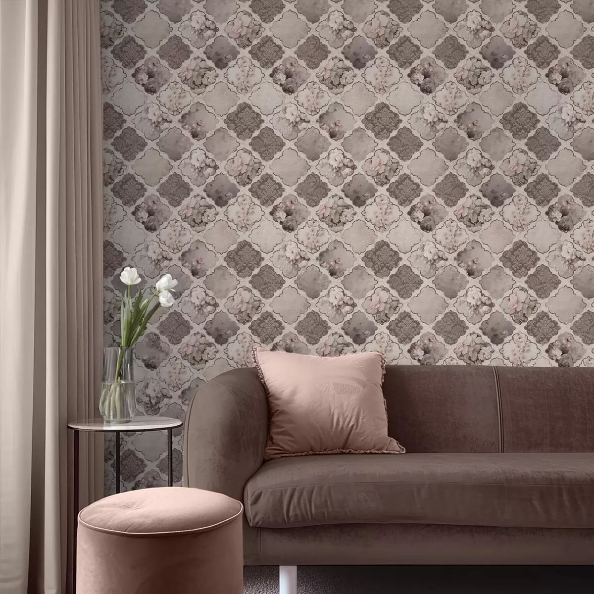 Wallpaper Romantic patchwork of floral medallions in dusty tones a01027
