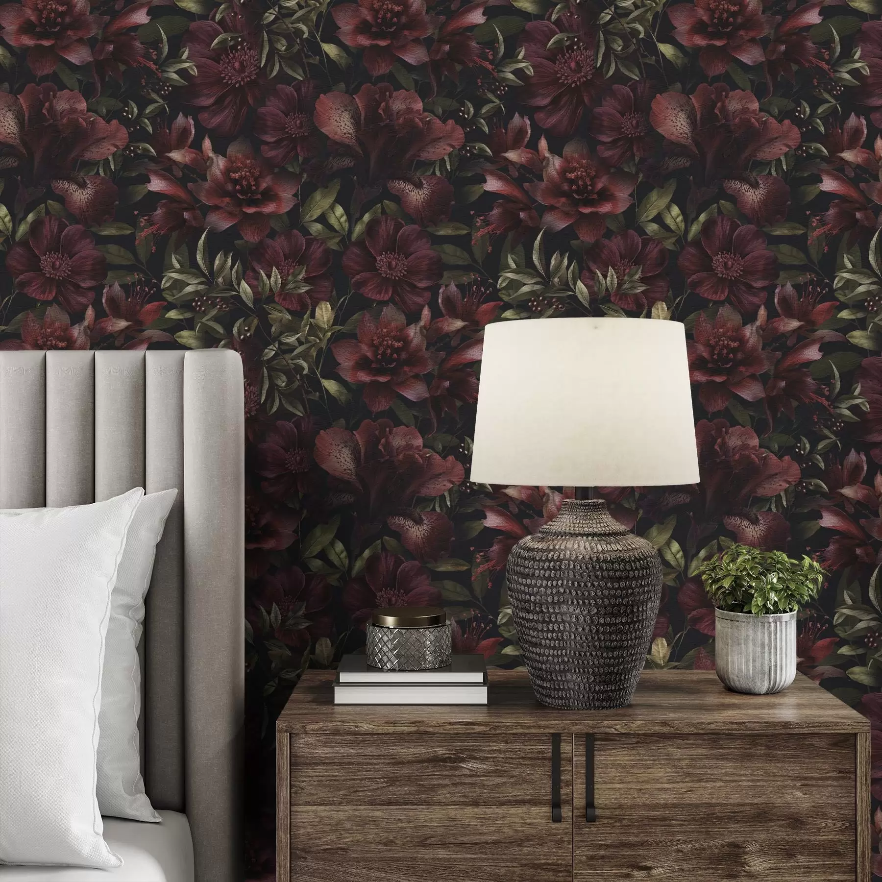 wall murals Rich burgundy flowers on a dark background a01032