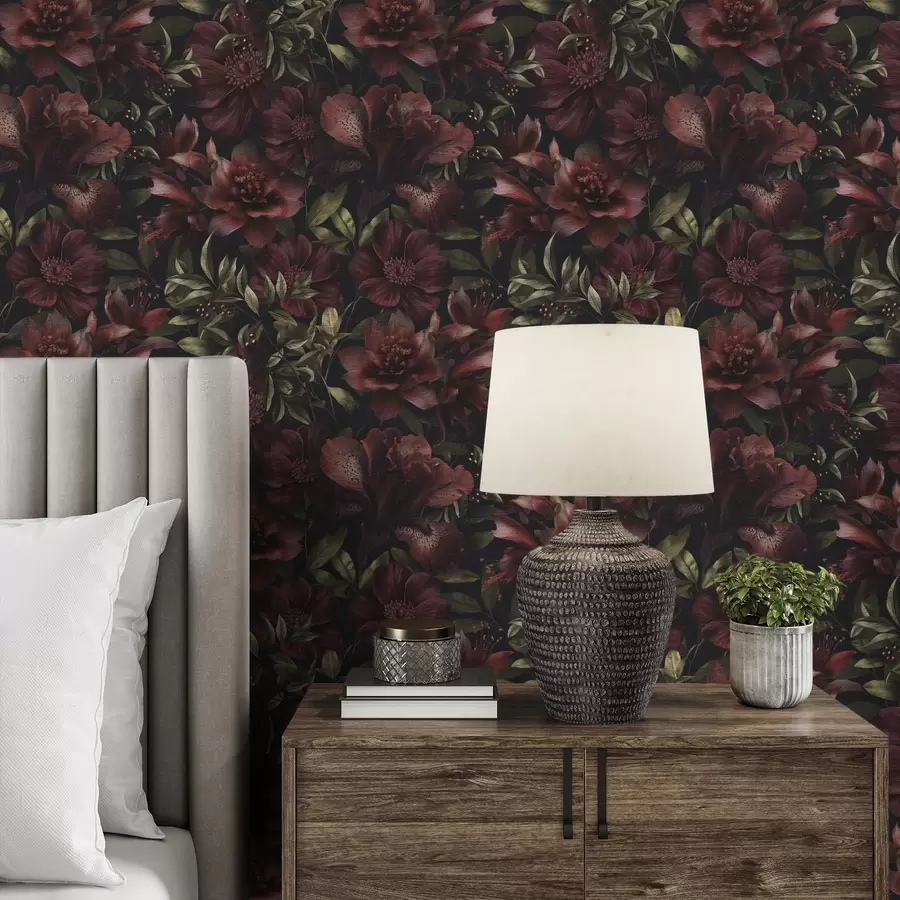 wall murals Rich burgundy flowers on a dark background a01032