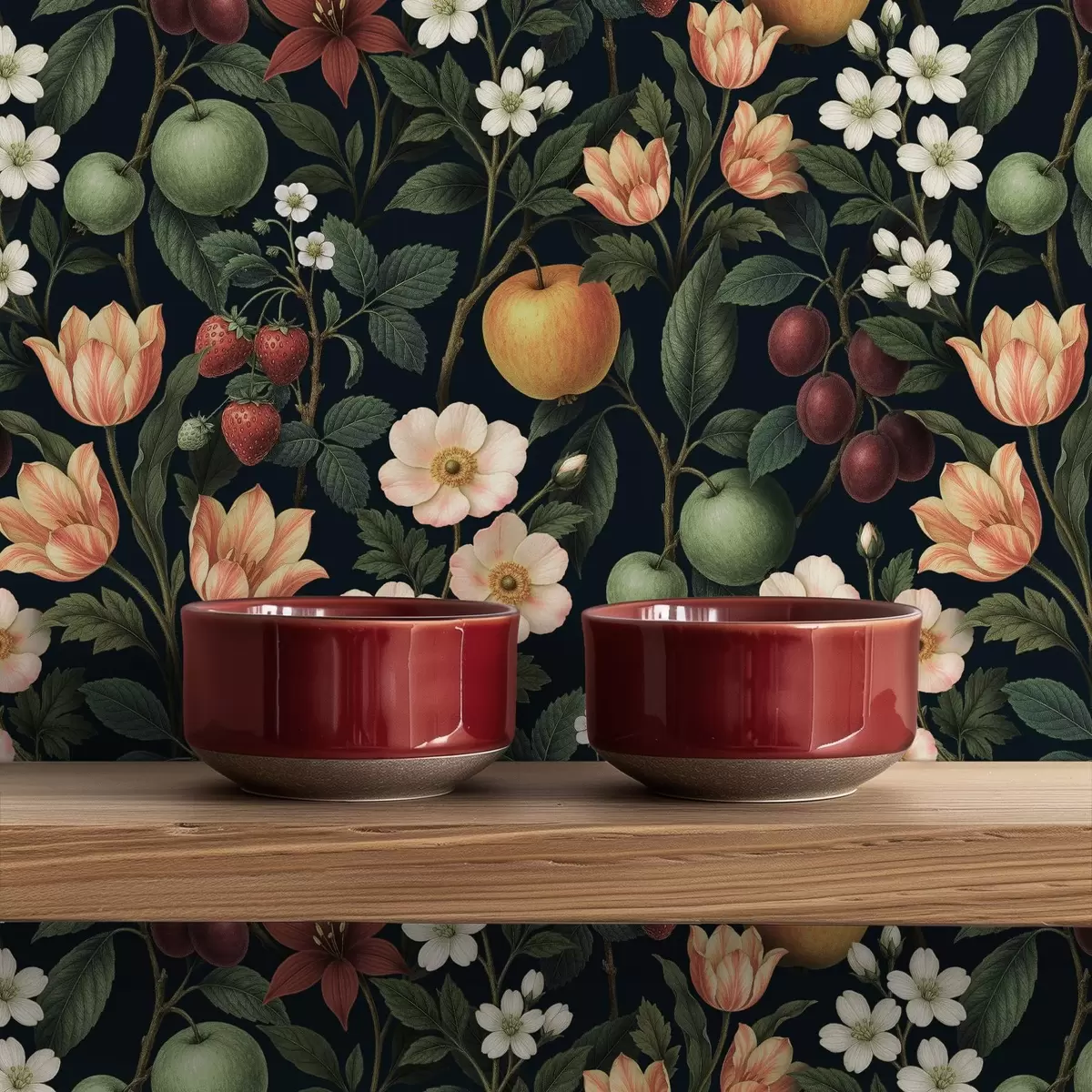 Wallpaper Dark garden with flowers, ripe apples and berries a01034