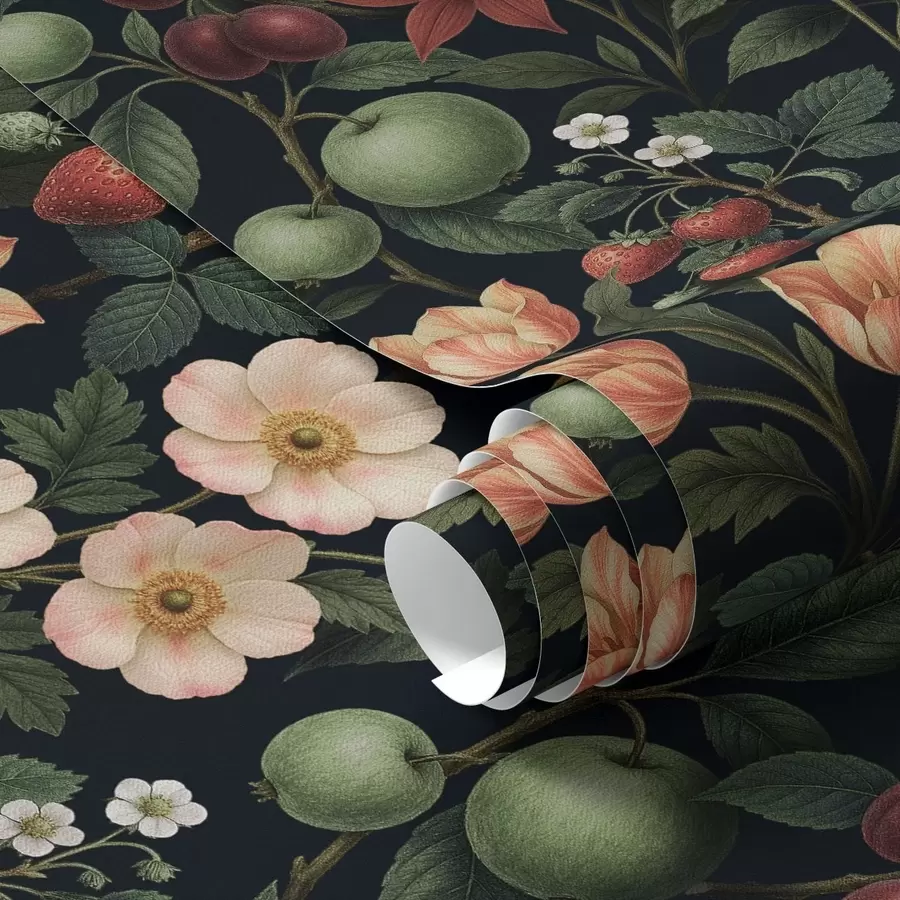 wall murals Dark garden with flowers, ripe apples and berries a01034