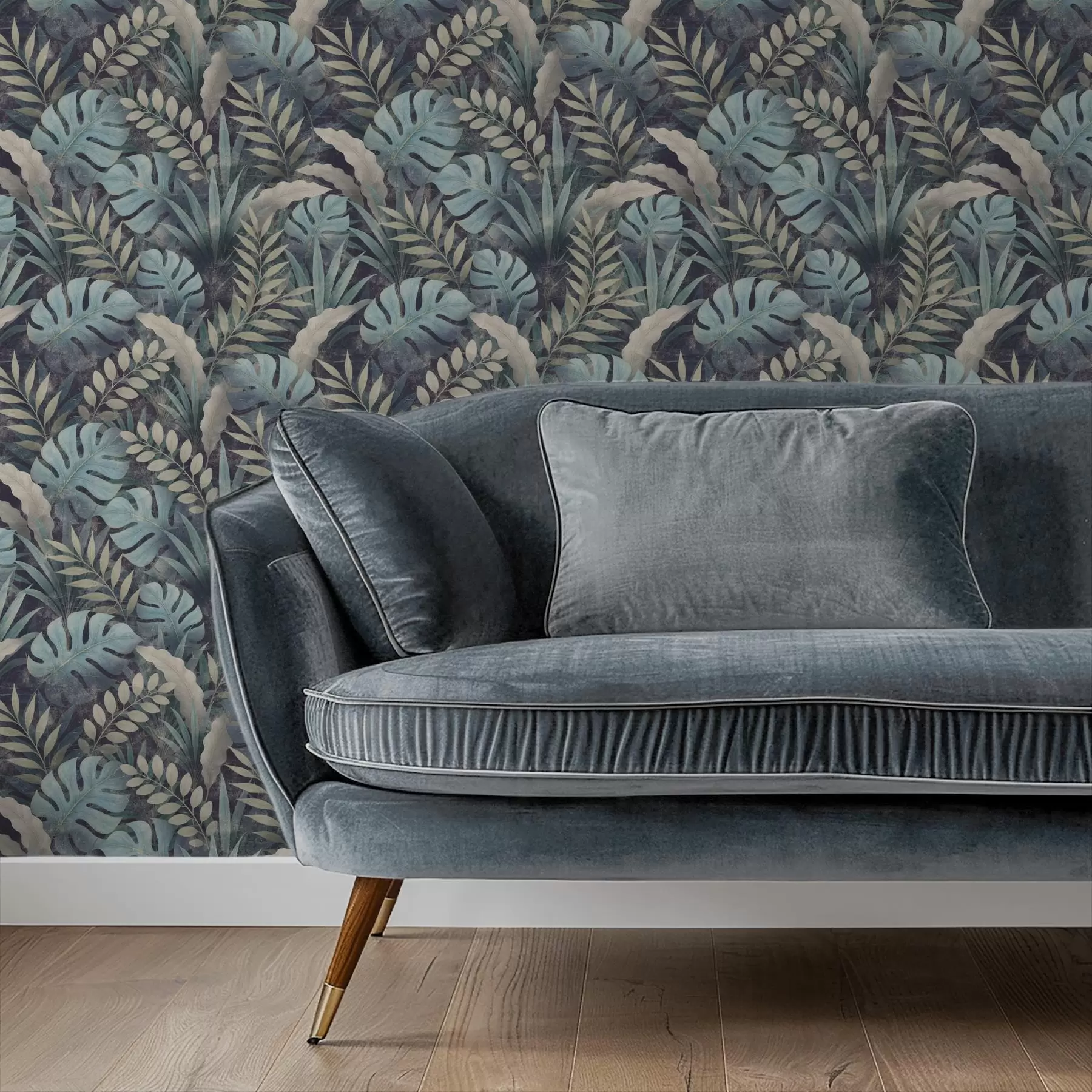 wall murals Tropical foliage in cool blue-green tones a01035