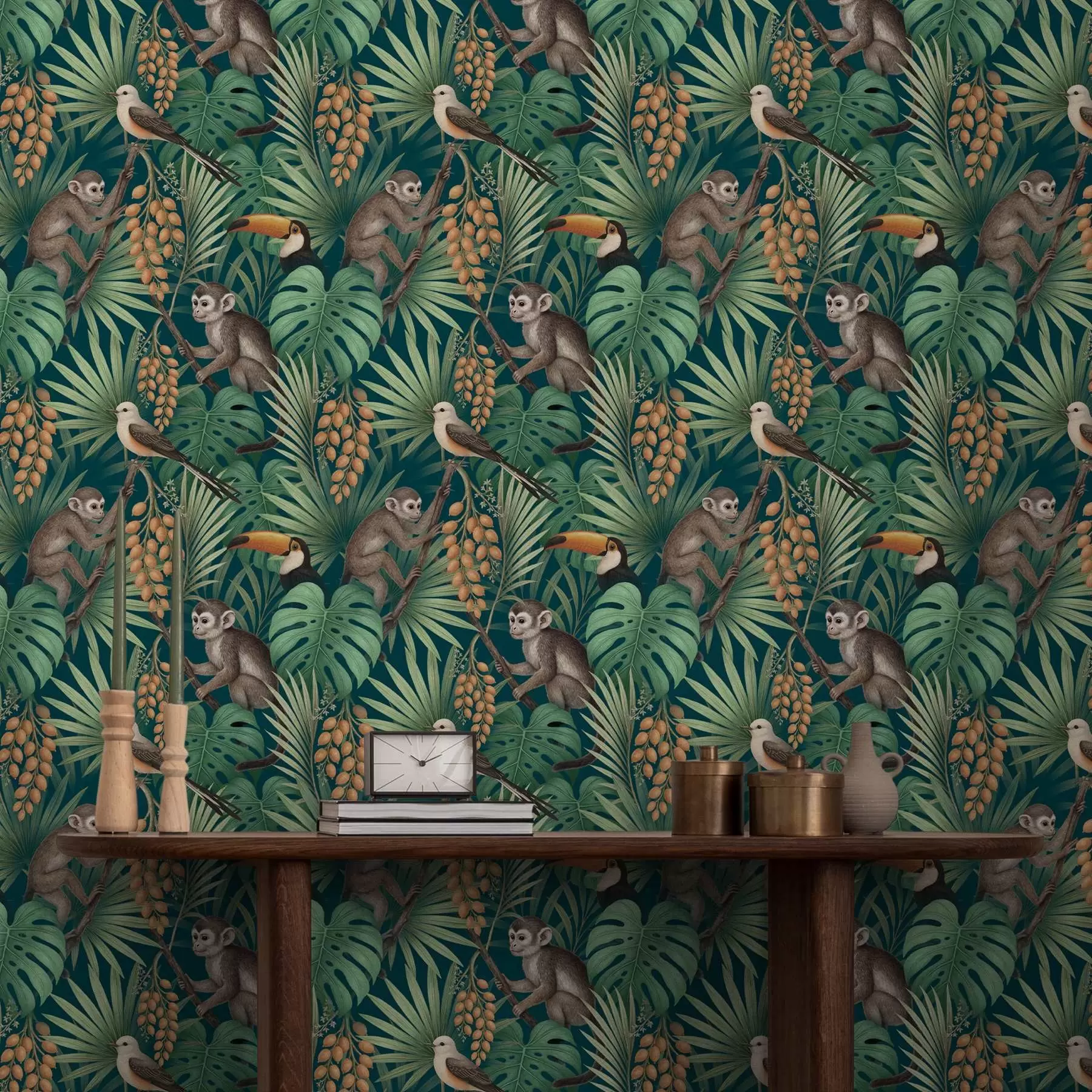 wall murals Monkeys and tropical birds in dense jungle foliage a01037