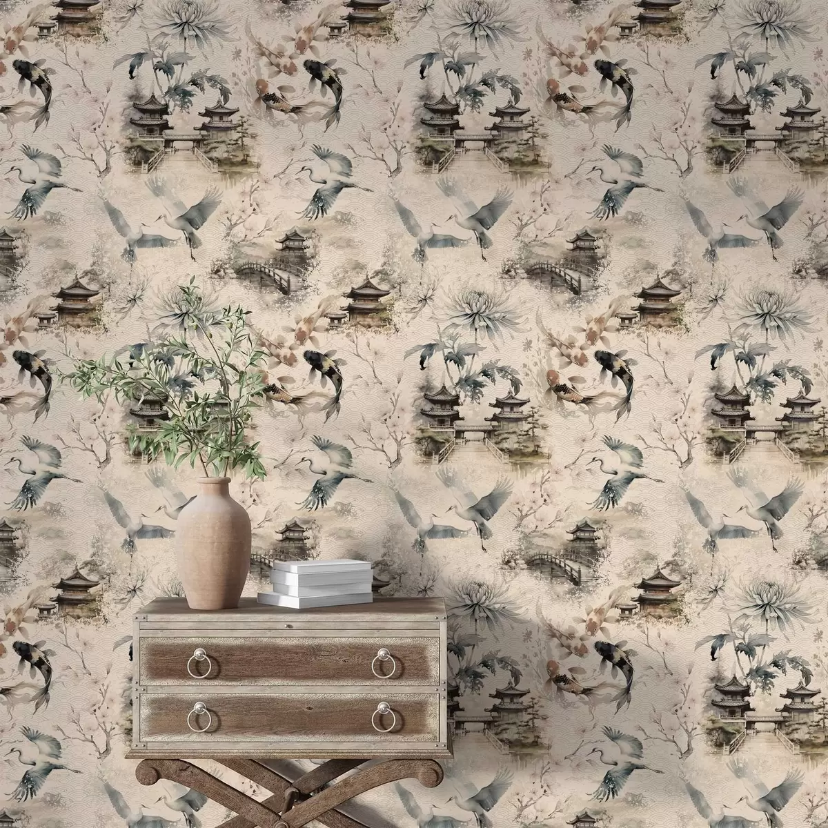 Wallpaper Japanese temples, koi fish and cranes on a soft background a01040