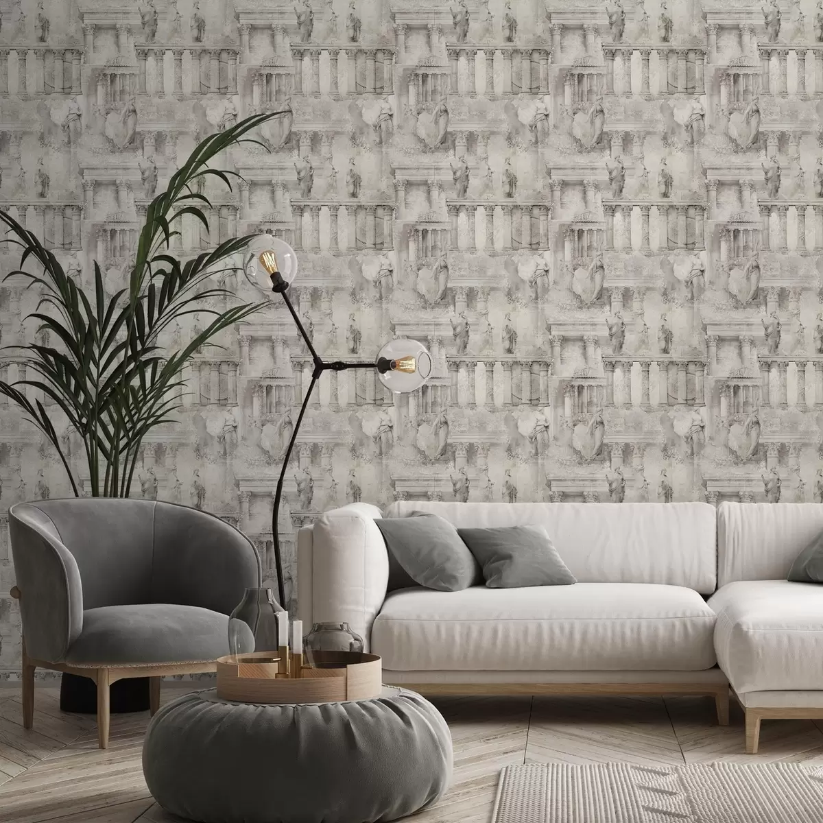 Wallpaper Antique statues and columns in soft beige-grey tones a01041