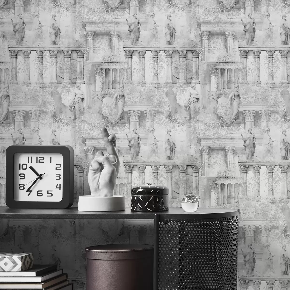 Wallpaper Classical statues and columns in faded grey shades a01041v1