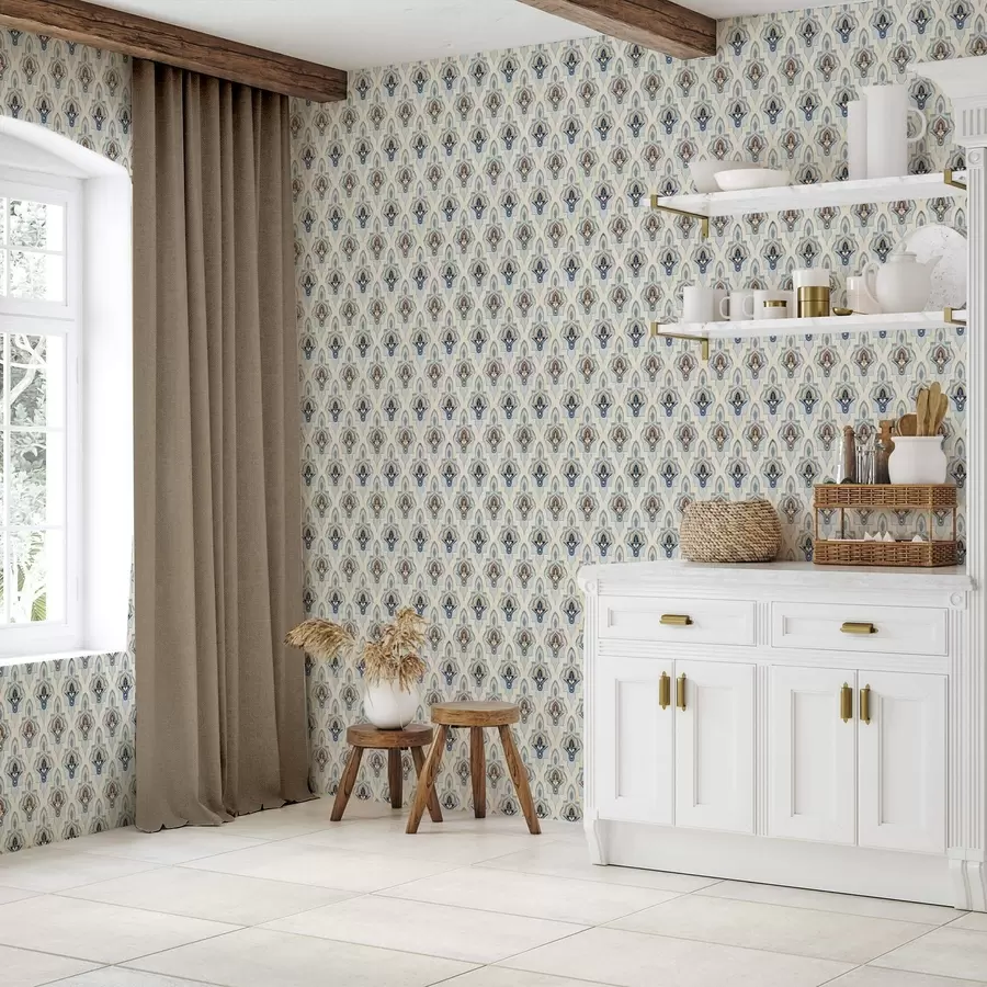 wall murals Oriental pattern of small tiles in a blue-sand palette a01044