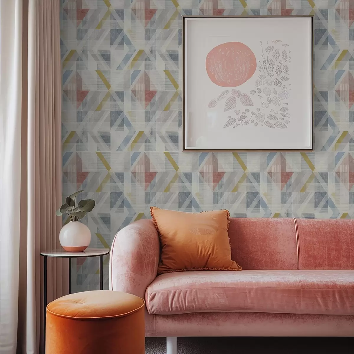 Wallpaper Geometric design with a red diamond at the centre a01055