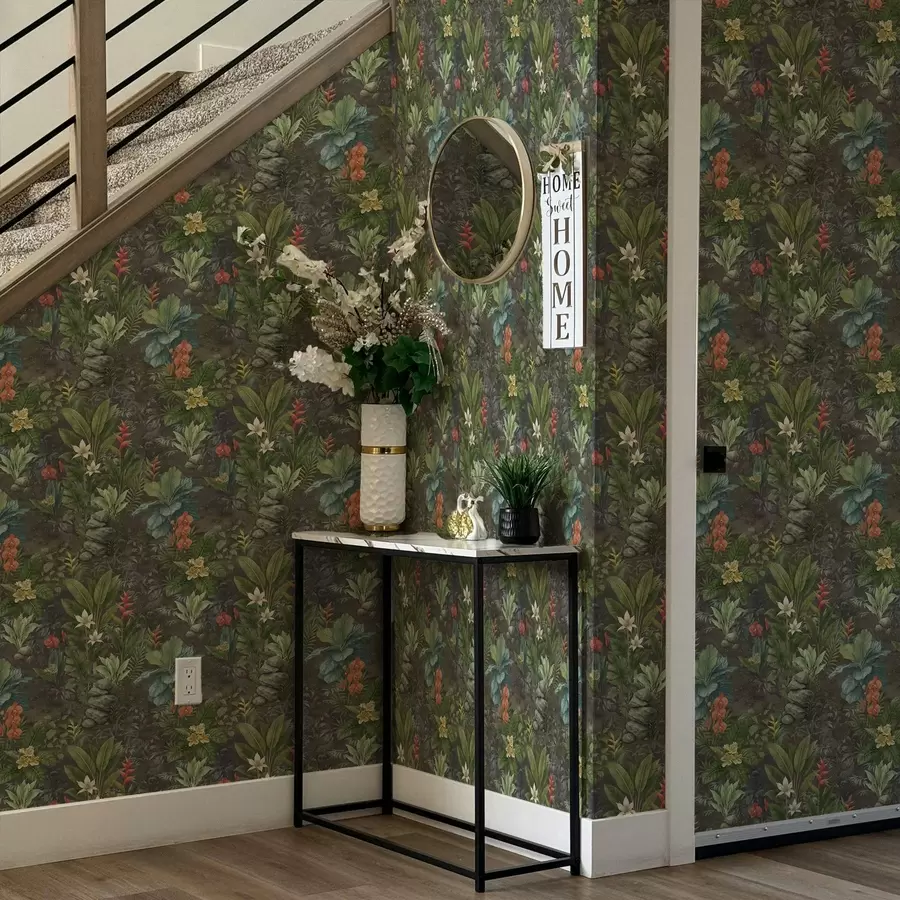 wall murals Dark tropical garden with bright flowers and foliage a01079