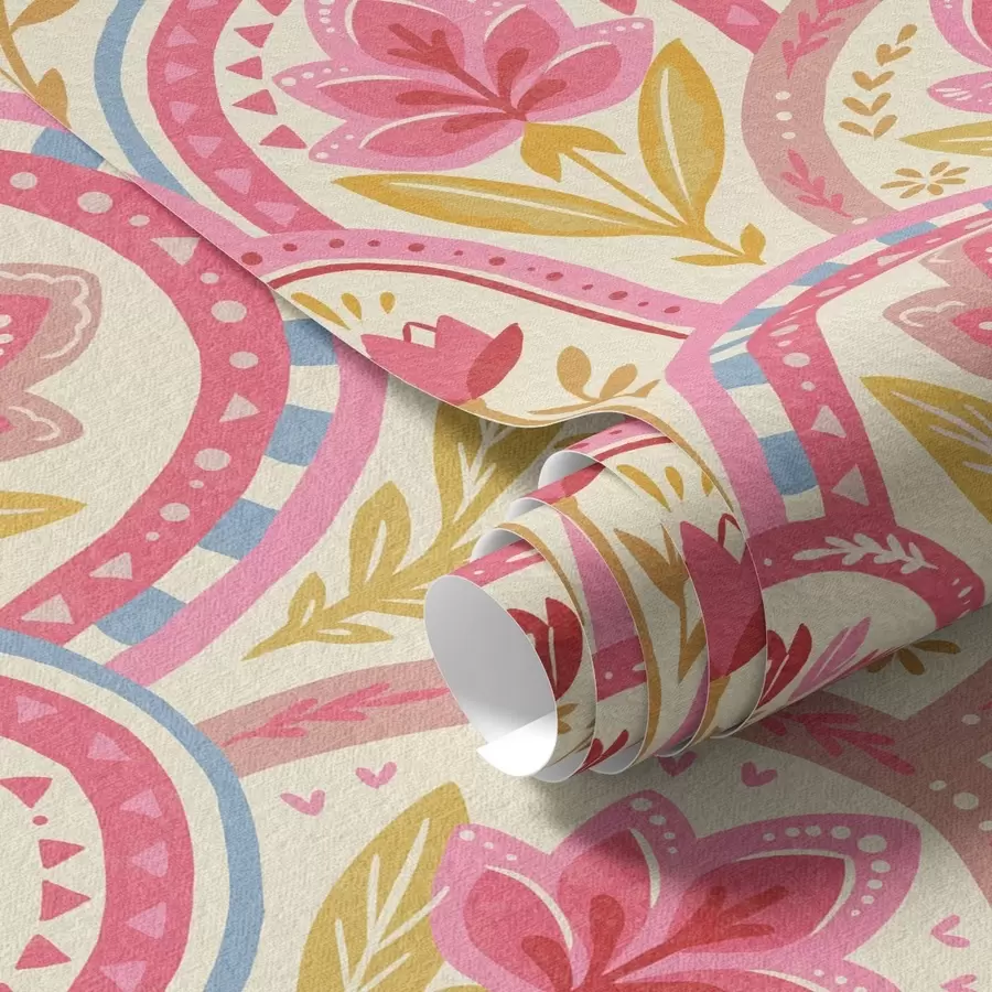 wall murals Arches with pink flowers in a folk-style pattern a01080